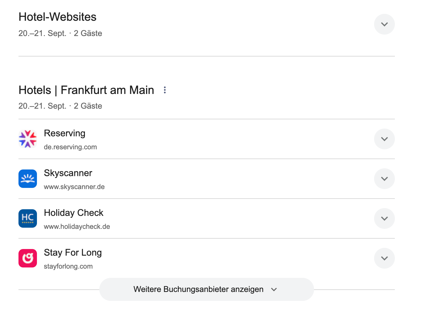 Frankfurt: the collapsed results page. Reserving, Skyscanner, Holiday Check and Stay For Long, none expanded on load.