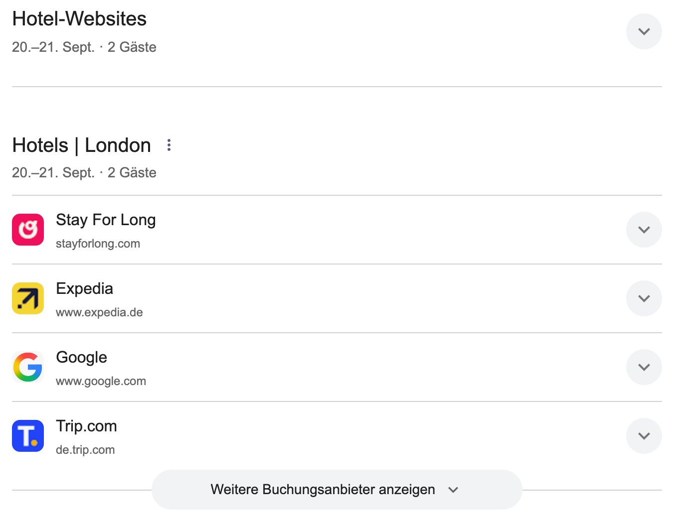 London: Stay For Long, Expedia, Google and Trip.com, in that order.