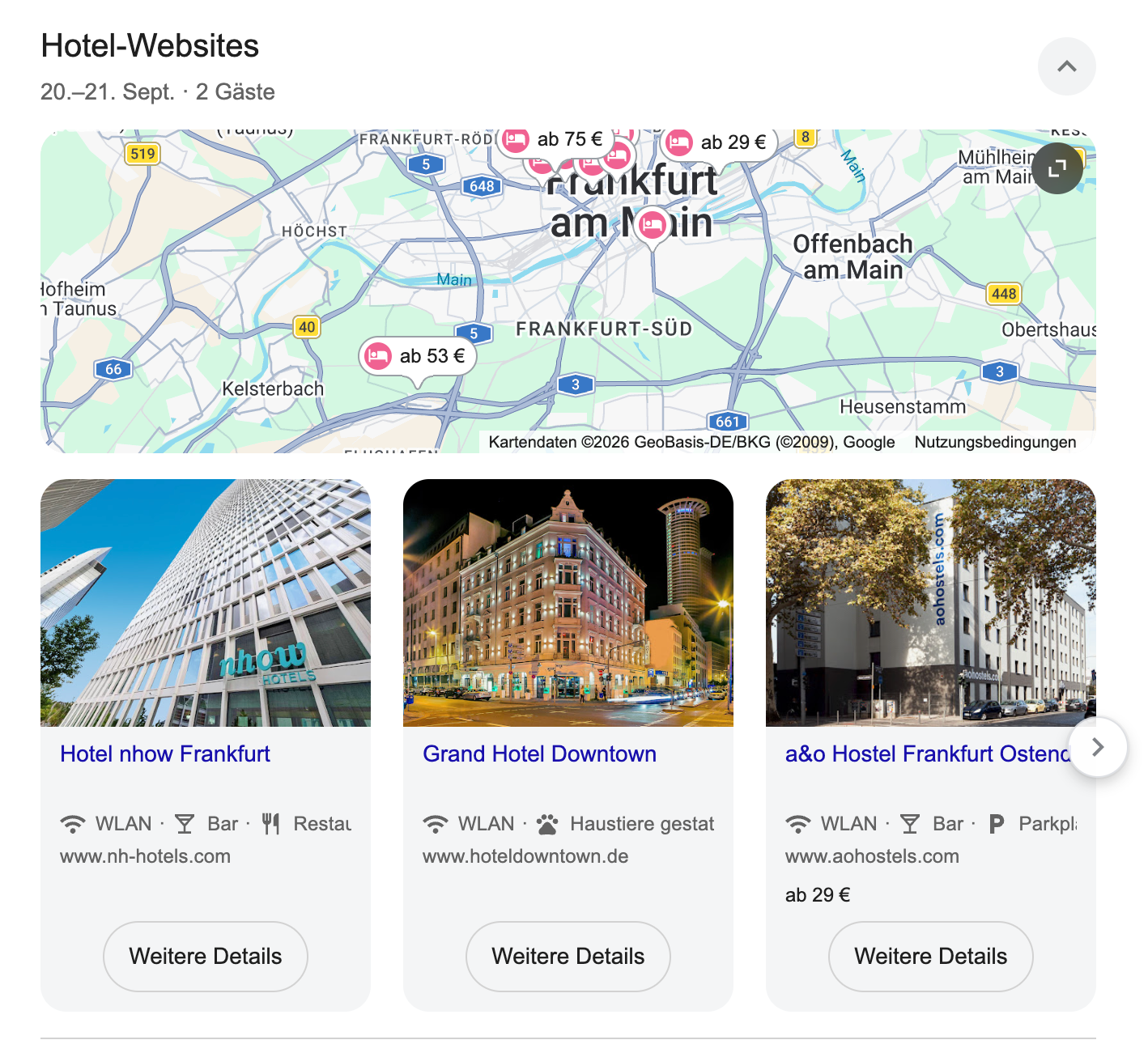 The Hotel-Websites unit expanded. Map, price pins, and a property carousel with photos, amenities and prices.