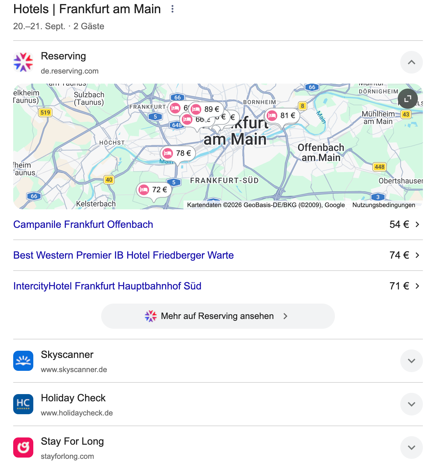 Reserving expanded: its own map with its own price pins, three properties with prices, and a link out to Reserving.