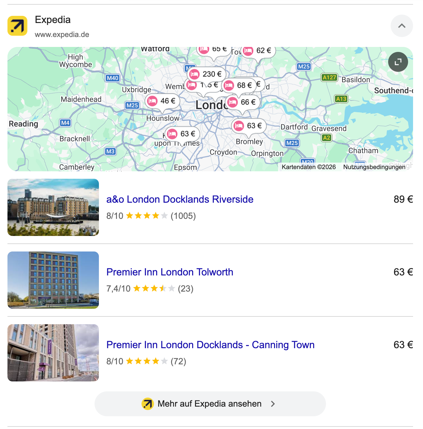 Expedia expanded: the same box, filled with photos, ratings out of ten and review counts.