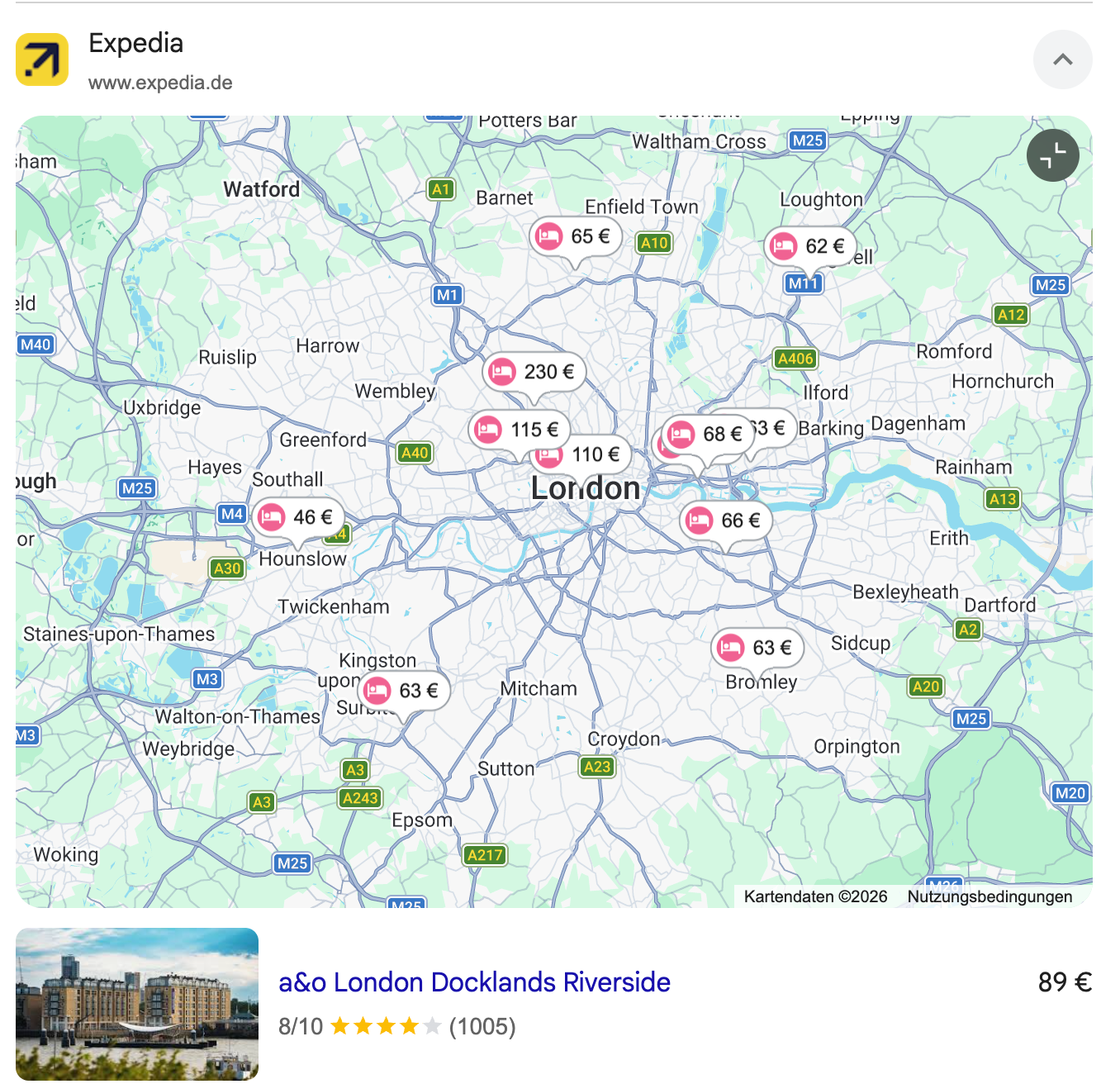 Expedia's map expanded inline, with Expedia's pins and prices.