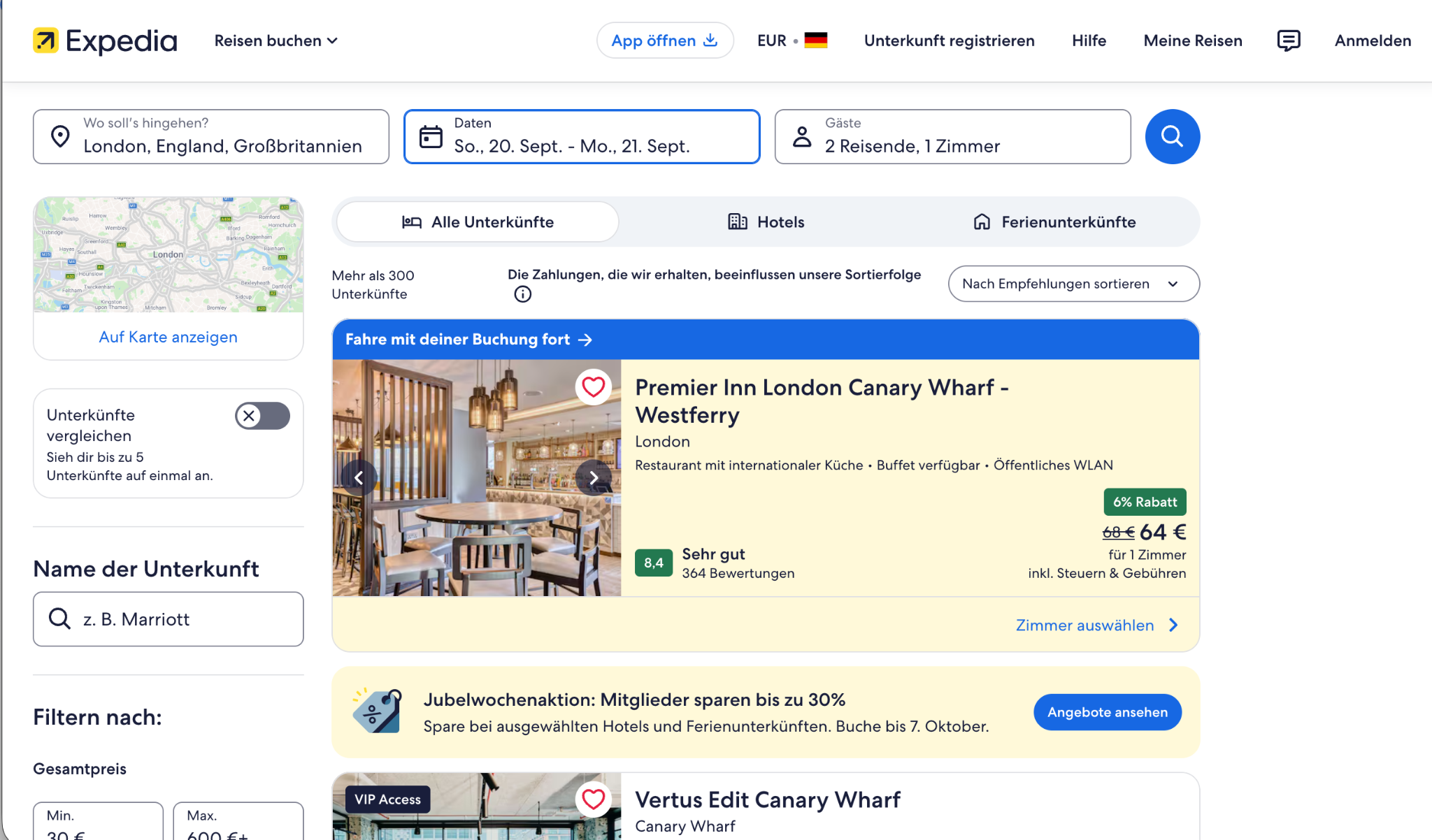 Expedia's Hotel-Search page, reached from a hotel name in Expedia's card, with the selected property featured.