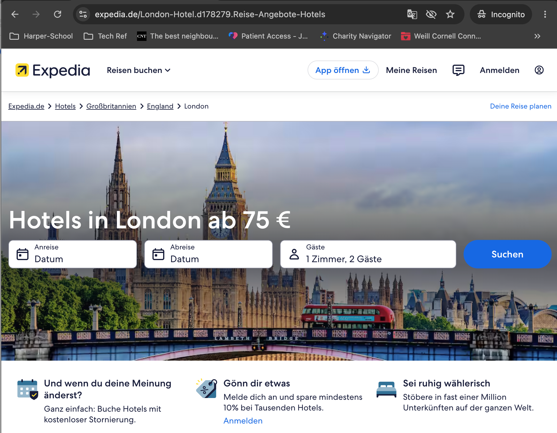 Expedia's destination landing page, reached from "Mehr auf Expedia ansehen", with dates not carried through.